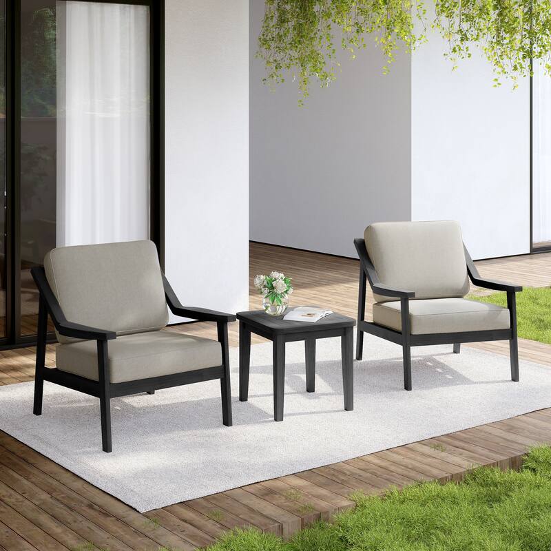 Outdoor Wood Cushioned Patio Set of 2 Accent Chair with Side Table - Dark Wood - Light Camel