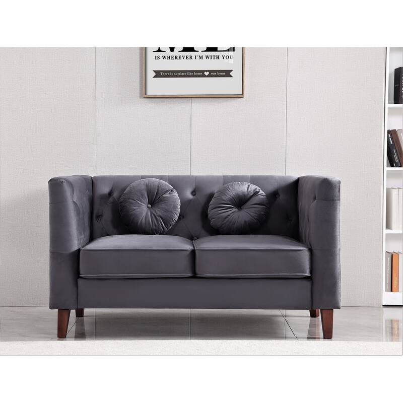 US PRIDE FURNITURE Velvet Classic Chesterfield Loveseat with Wood legs - Grey