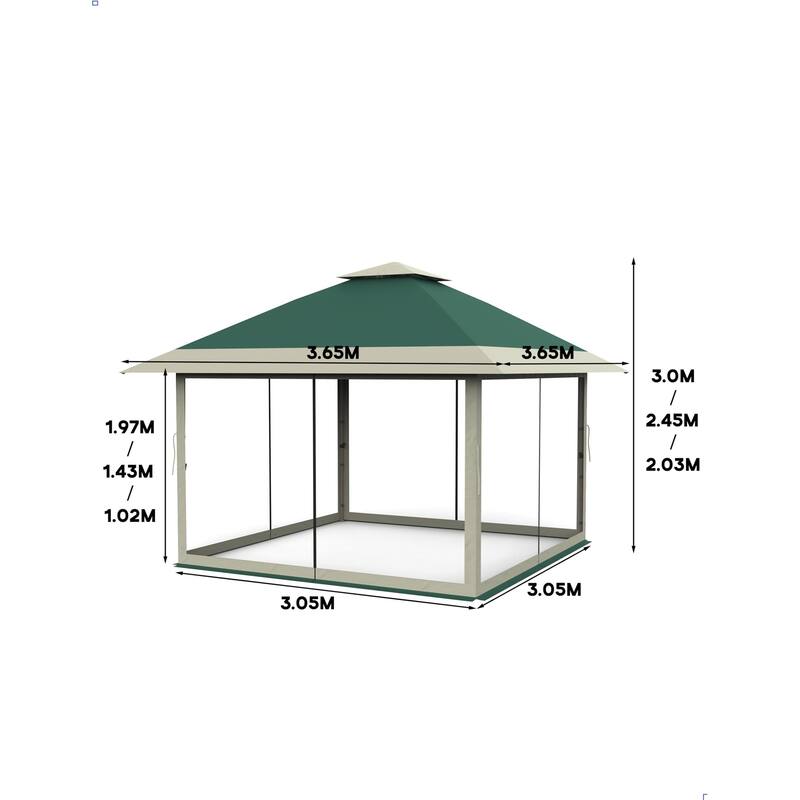 12' x 12' Outdoor Gazebo, Heavy Duty Double Roof Patio Gazebo with Netting and Curtains