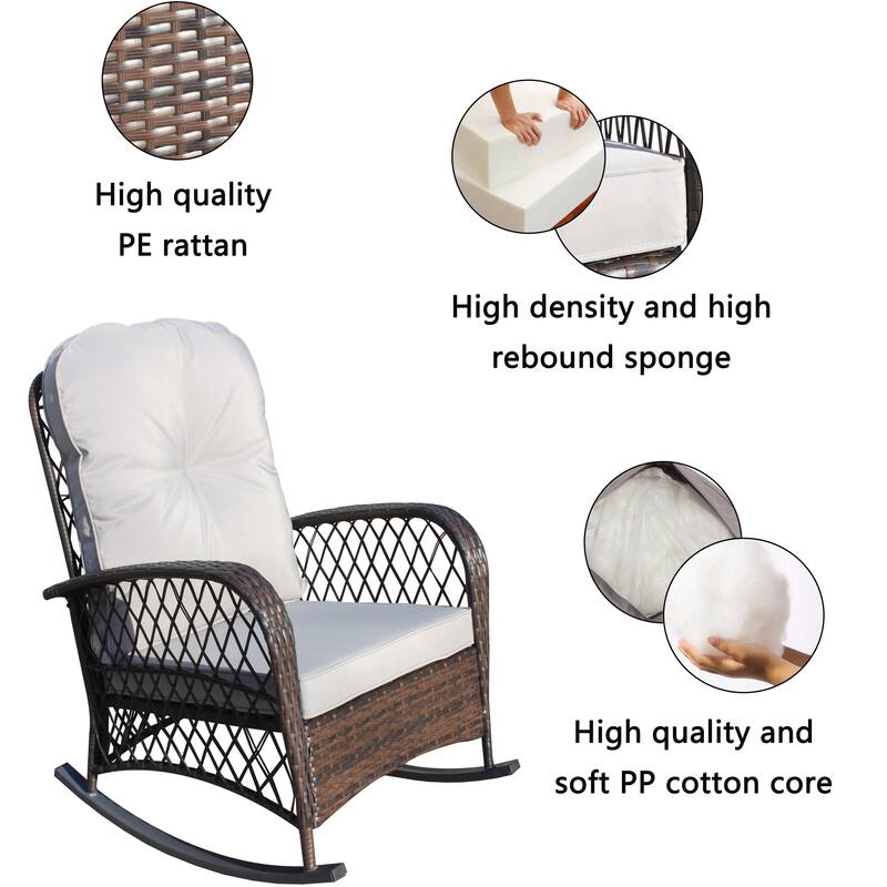 Outdoor Wicker Rocking Chair with Wide Seat, All- Weather Rattan Armchair for Poolside, Garden, Porch, Backyard