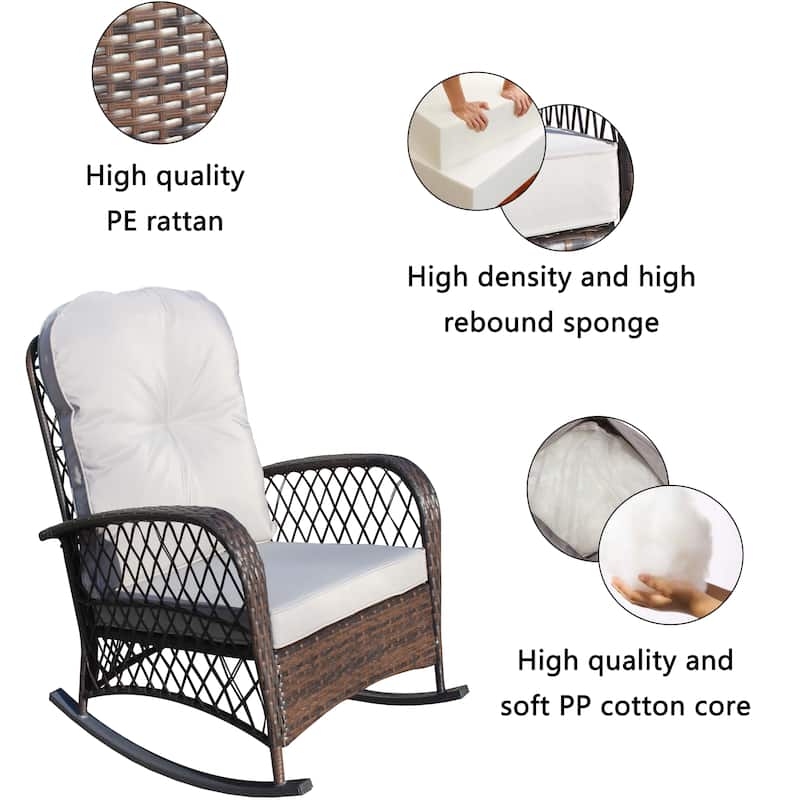 Outdoor Wicker Rocking Chair with Wide Seat, High Weight Capacity for Patio, Garden, Backyard, Beige