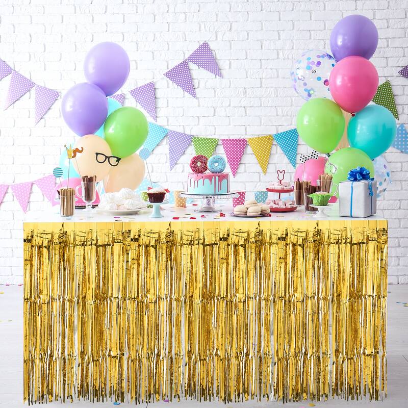 6 Pcs 29x108 Inch Metallic Foil Fringe Tinsel Table Skirts - Gold - 29x108 Inch