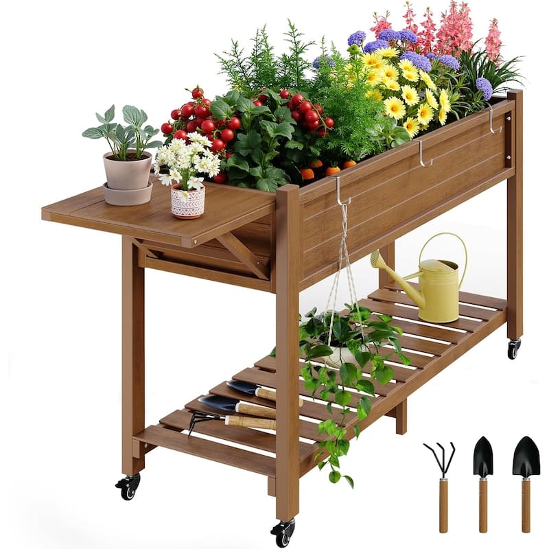 WINSOON Raised Garden Bed with Wheels and Folding Potting Bench Table - Teak