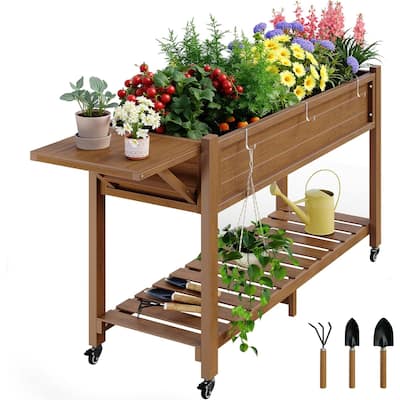 WINSOON Raised Garden Bed with Wheels and Folding Potting Bench Table