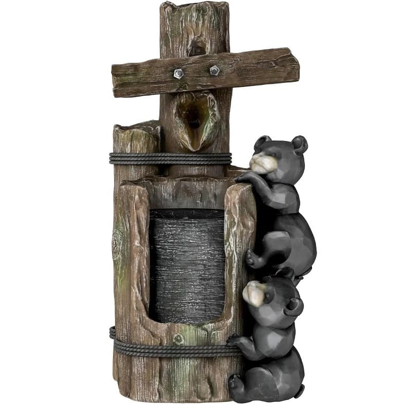 3-Tier Resin Bears on Log Outdoor Waterfall Fountain,Water Fountain with LED Lights, Pump