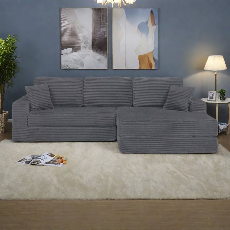 112.6" L-Shaped Modular Sectional Right sofa seat with Queen Sleeper Function, Corduroy Upholstery and No Assembly Required - Gray