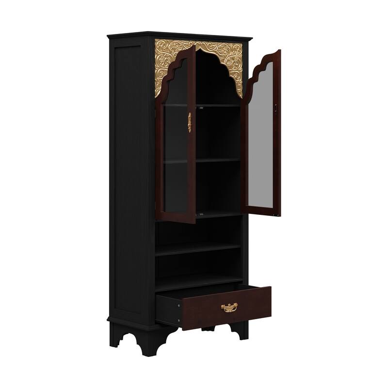 Asian Style Display Cabinet with Glass Doors Accent Curio Cabinet with Drawer Solid Wood and Tempered Glass Storage Shelf