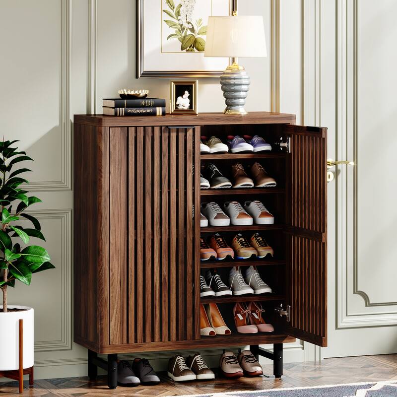 Wooden Shoe Cabinet with Shutter Doors, Adjustable Shelves Large Hidden Storage Organizer Rack for Entryway Hallway