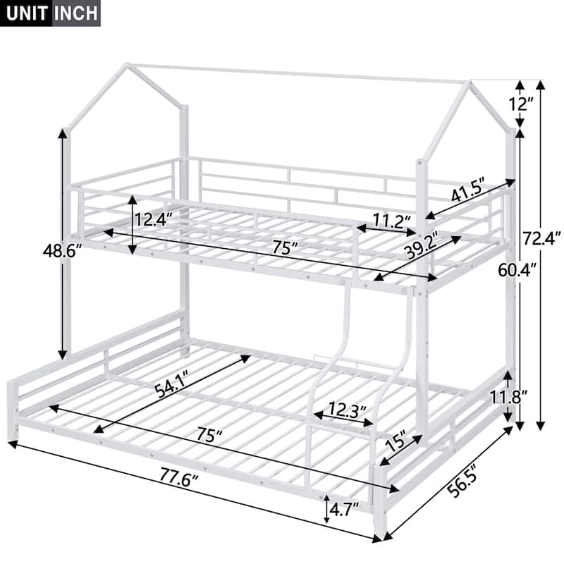 Metal House Bunk Bed with Roof, Twin over Full Size Detachable Bunk Bed Frame, Heavy Duty Metal Bed Frame with Ladder