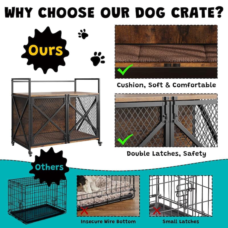 Dog Crate Furniture with Cushion, Double Doors, End Table Design
