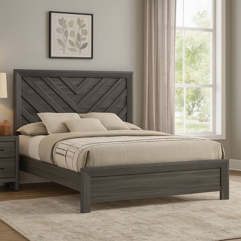 Velz Queen Size Bed w Chevron Patterned Headboard, Dark Gray Wood