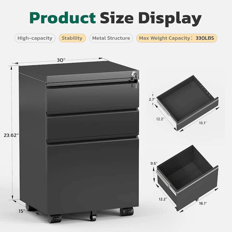 3 Drawer Metal File Cabinet, Mobile or Vertical Office Filling Cabinet