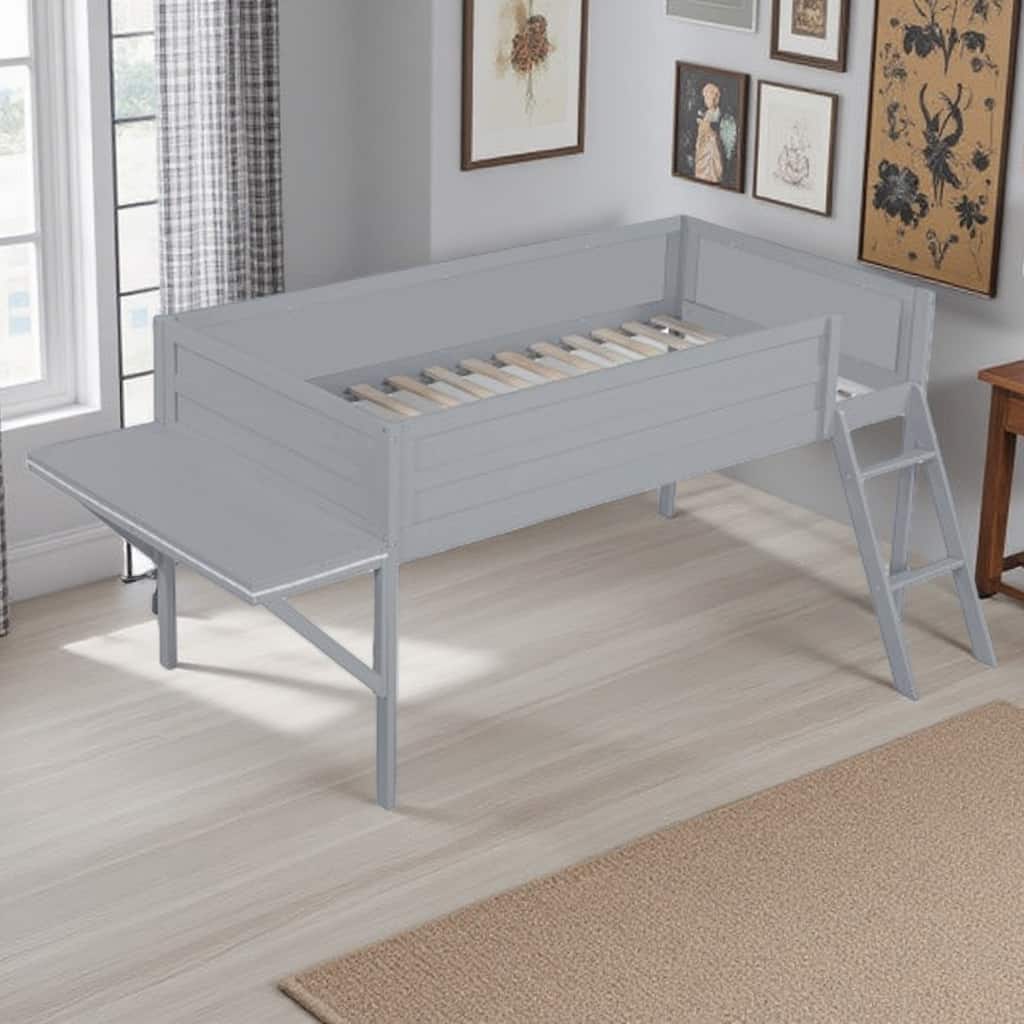 Grey Full Size Wooden Loft Bed with Built-in Gaming Desk, Multi-Color LED Lighting, and Space-Saving Design for Kids and Teens