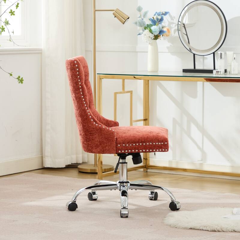 Modern Chenille Upholstered Tufted Button Office Chair with Metal Base, Adjustable Desk Chair Swivel Office Chair, Orange