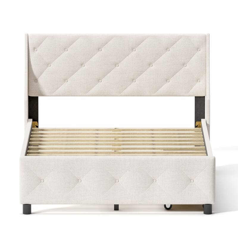 Queen Size Metal Platform Bed with Storage Headboard, Silent Mattress Foundation, No Box Spring Needed