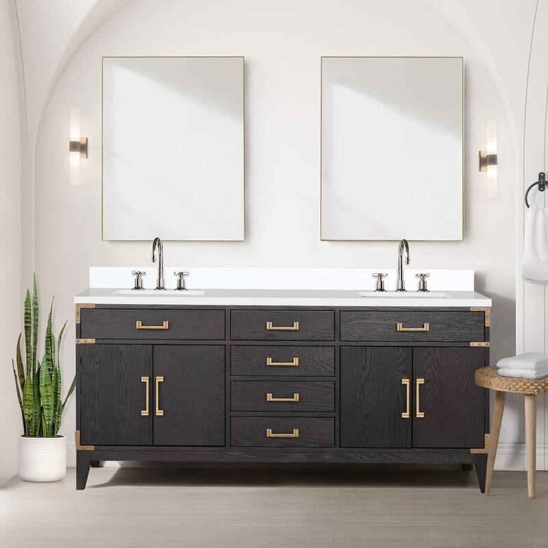 Laurel 60 in W x 22 in D Black Oak Double Bath Vanity, Cultured Marble Top, Faucet Set, and 28 in Mirrors
