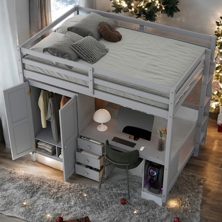 Wooden Loft Bed with Built-in Desk,A Wardrobe,Three Drawers,an Open Storage Cabinet,Full Size