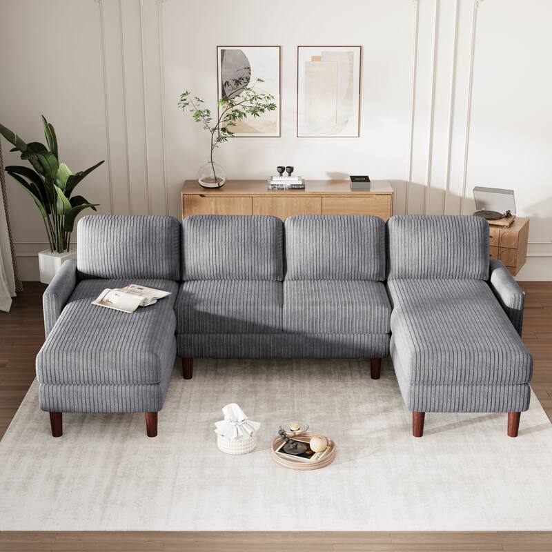 U-Shaped Corduroy Sofa with Solid Wood Legs and Sponge-Filled Cushions, Perfect for Living Rooms and Spacious Areas