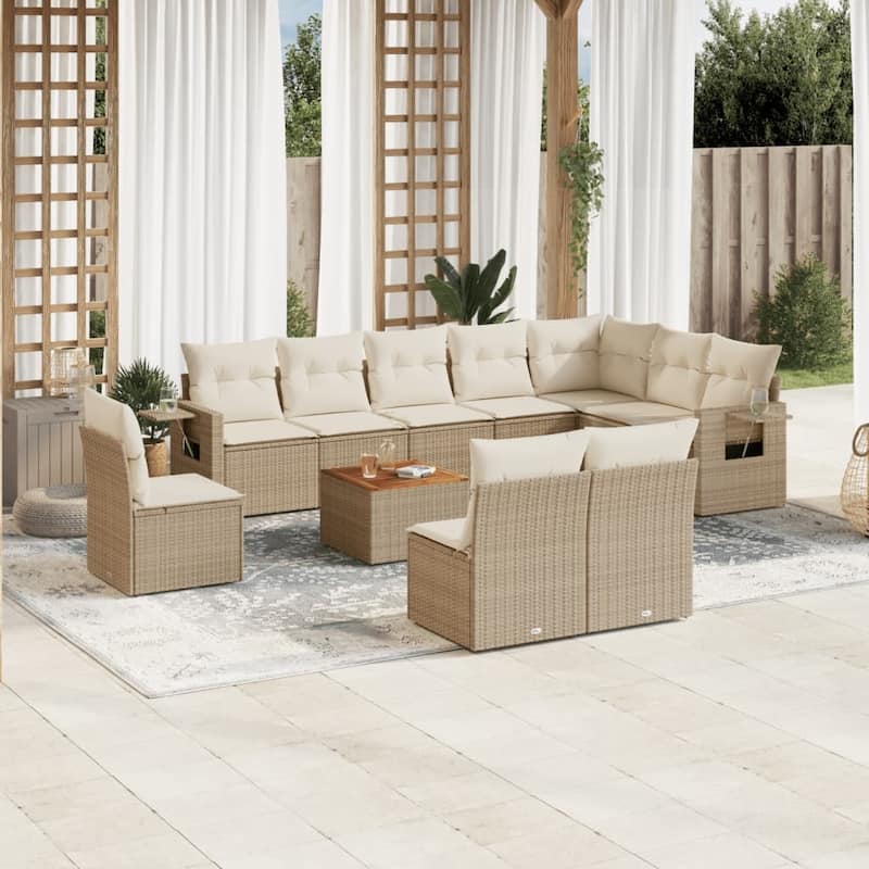 vidaXL Garden Sofa Set 11 Piece with Cushions Outdoor Sofa Set Poly Rattan - Beige and Cream - 24.4 x 24.4 x 27.2 in (W x L x H)