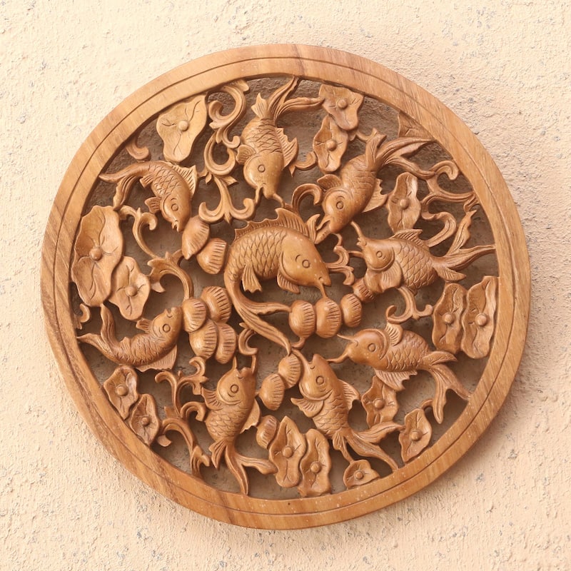 Novica Handmade Golden Fish Pond Wood Relief Panel