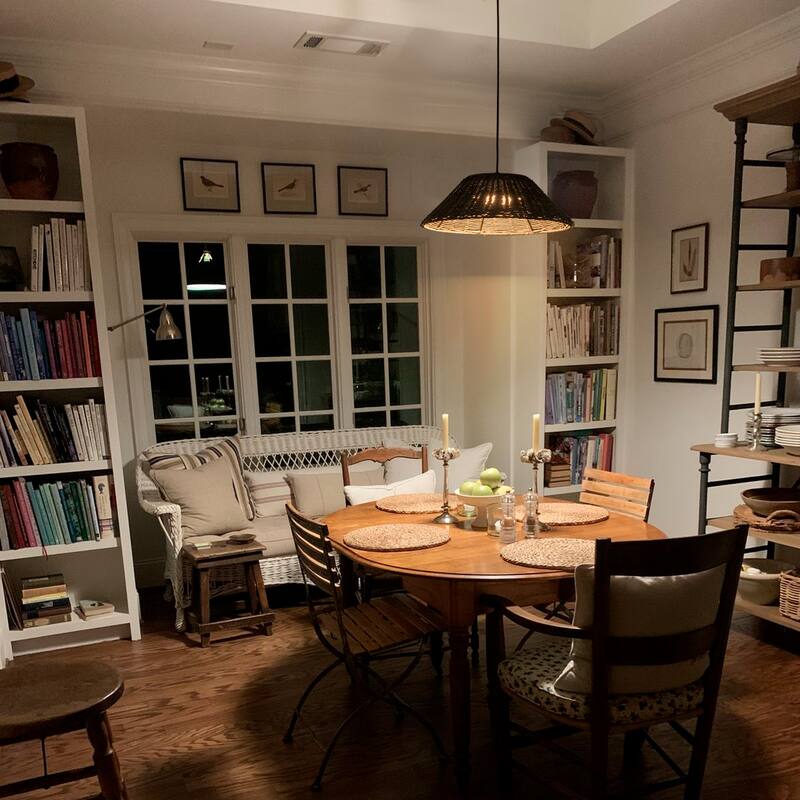 1-Light Black Rattan LED Chandelier Handwoven Straw Hat Pendant Light - 13.4"W x 5.2"H