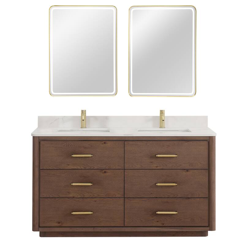 Miseno MV-706560M Porto 60" Free Standing Double Basin Vanity Set with - Aged Dark Brown Oak / Fish Maw White