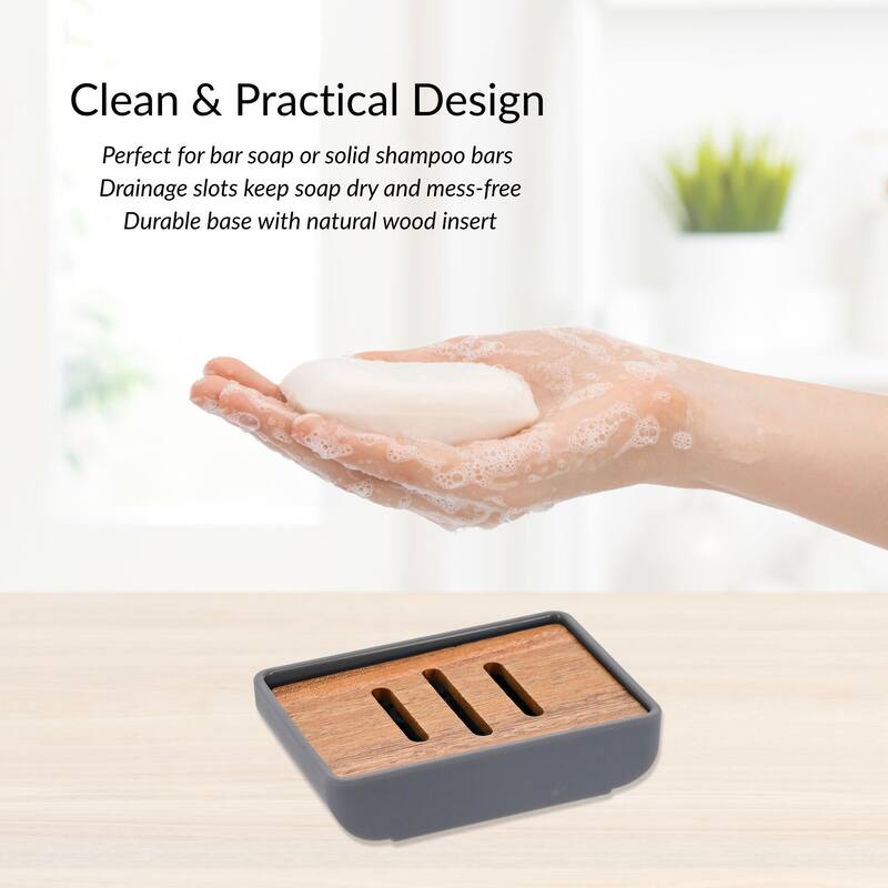 Minimalist Hand Soap Dish Rubber and Wood - 4.5 L x 3.1 W x 0.8 H