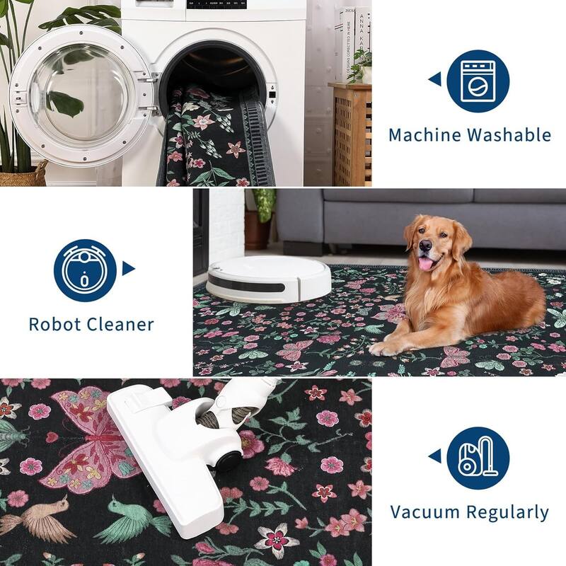 Modern Floral Machine Washable Indoor Waterproof Area Rug for Bedroom, Living Room, Black - 2' x 3'