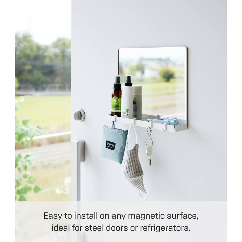 Yamazaki Home Magnetic Mirror with Storage Rack, Glass, Holds 5.5 lbs - L 2.64 x W 11.81 x H 10.24 inches