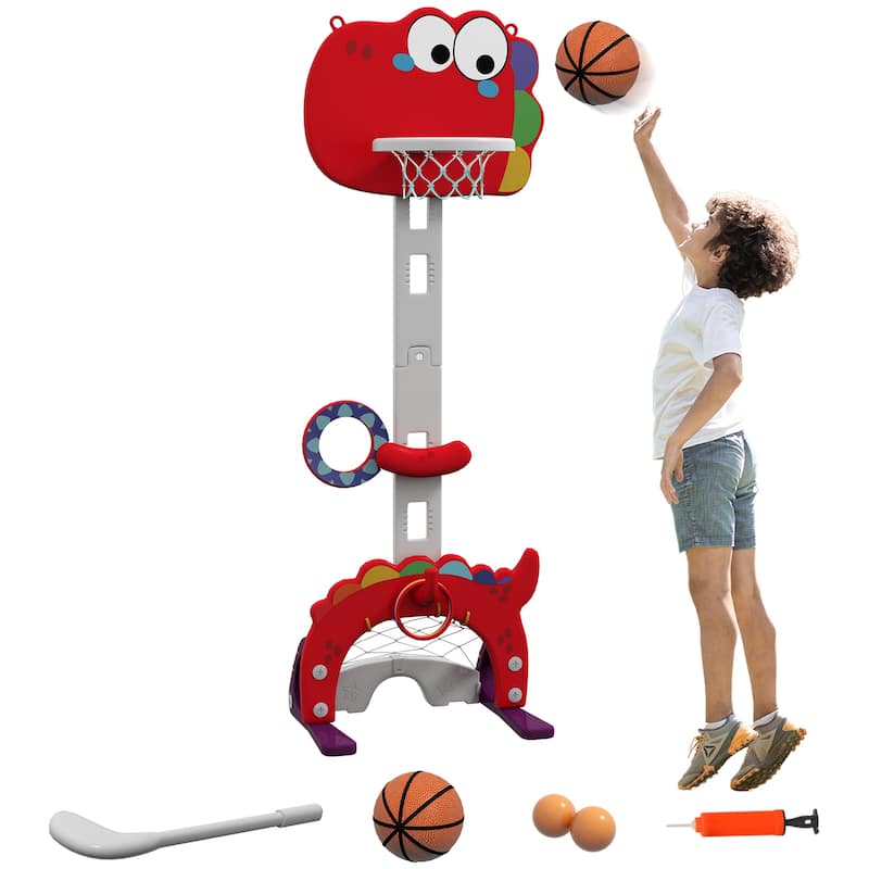 5 in 1 Kids Basketball Hoop Toddler Activity Center 5 Level Adjustable with Soccer Golf Ring Toss 3-6Y Indoor Red - Red
