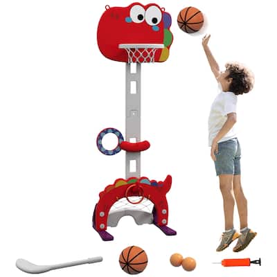 5 in 1 Kids Basketball Hoop Toddler Activity Center 5 Level Adjustable with Soccer Golf Ring Toss 3-6Y Indoor Red