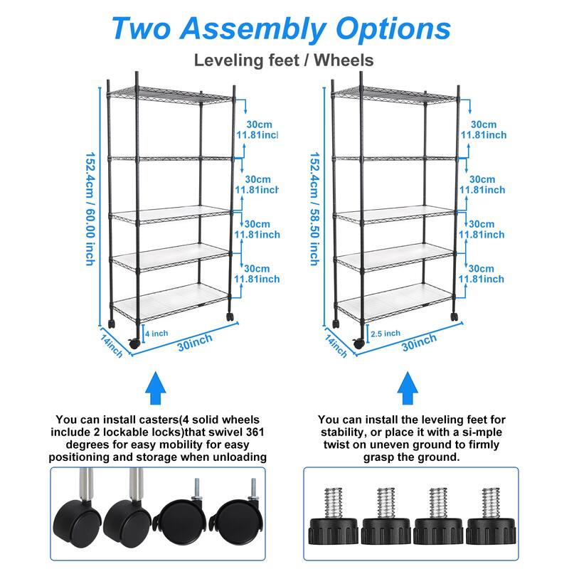 5 Tier Wire Shelving Unit, Heavy Duty Metal Large Storage Shelves Height Adjustable for Garage Kitchen Office