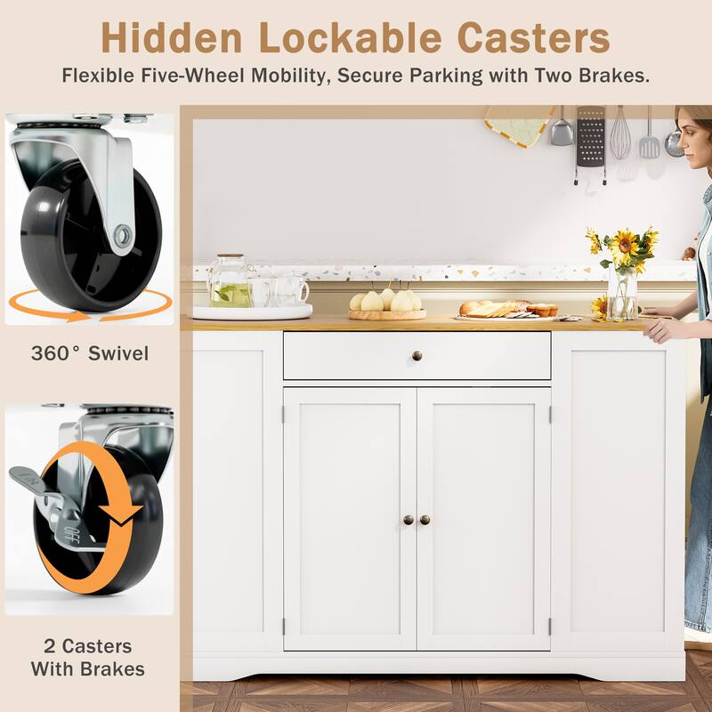 53" Mobile Kitchen Island Cart with Trash Can Cabinet, Spice Rack, Drawer & Towel Bar