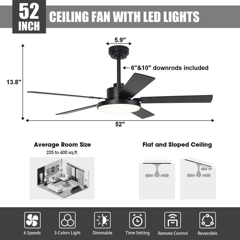 52" Black Reversible 5-Blade Intergrated LED Ceiling Fan with Light and Remote