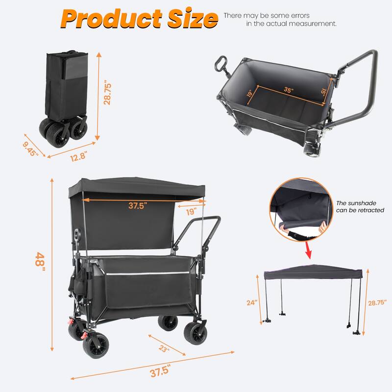Multi-Functional Push-Pull Folding Wagon Cart with Rotating Handle & Canopy,7"x4"All-Terrain Wheels & Brakes,300L Large Capacity