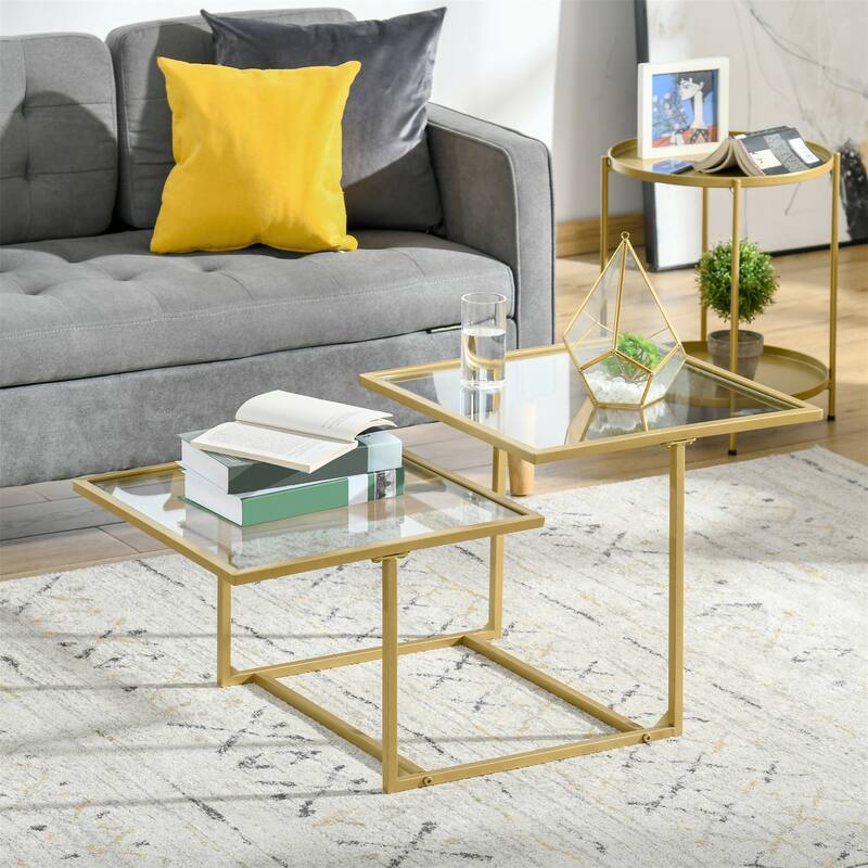 Tempered Glass Coffee Table with 2 Square Tabletops