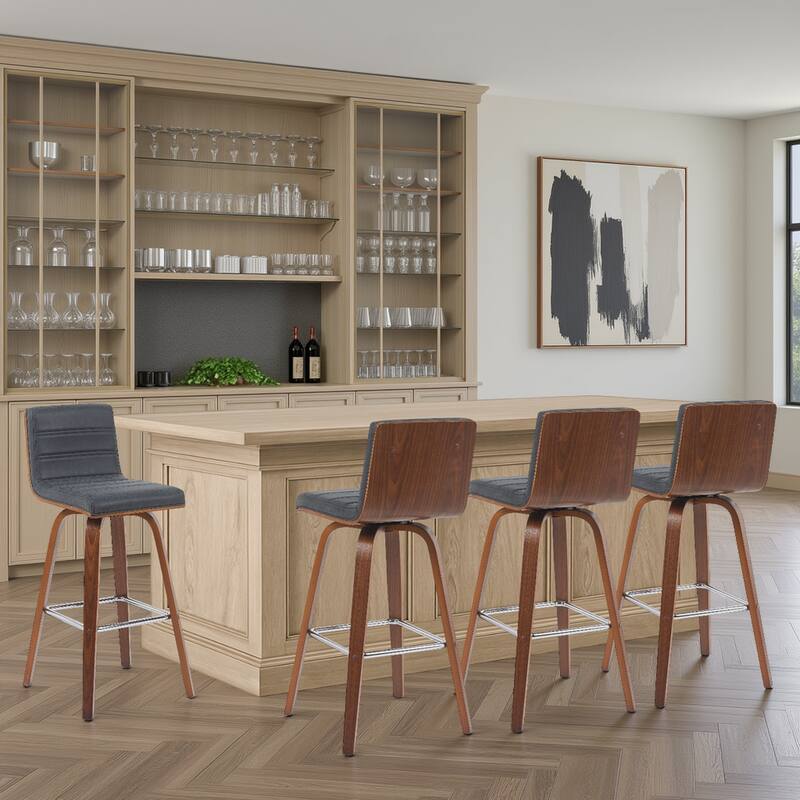 Skara Swivel Bar Stool, Upholstered Bar Height Chair with Bentwood Frame - Vintage Black Faux Leather & Walnut - Set of 4