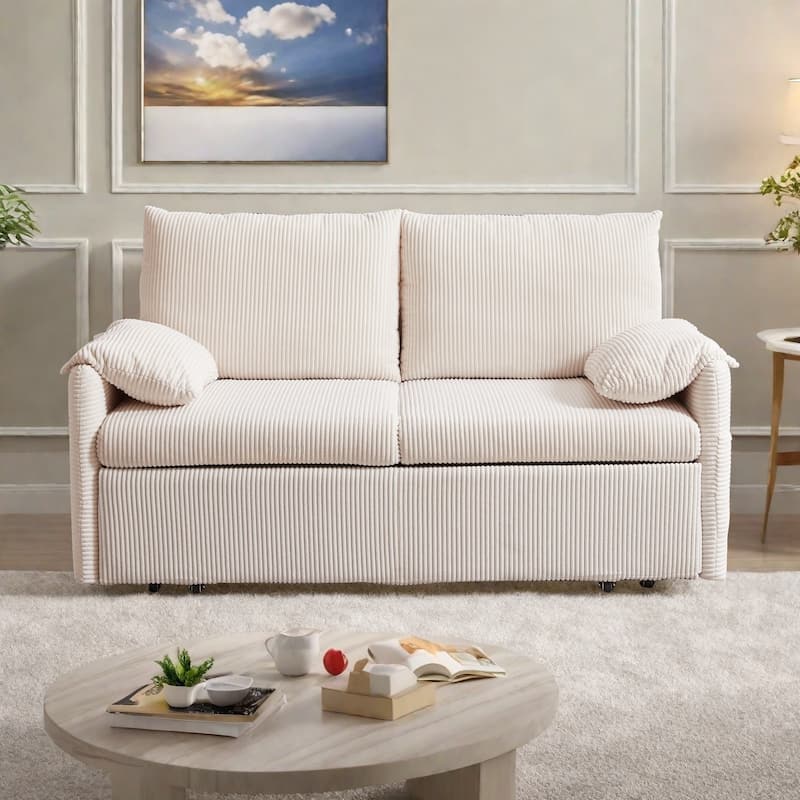 65" Corduroy 3-in-1 2-Seater Sleeper Sofa with Loveseat Side Storage Pocket, High-Density Sponge Cushions - Beige