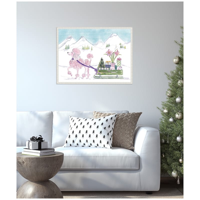 Kate and Laurel Sylvie Beaded Pink Poodle and Present Sled Framed Canvas by Patricia Shaw