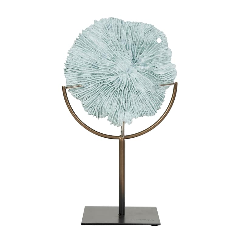 Light Blue Polystone Textured Coral Sculpture with Bronze Stand