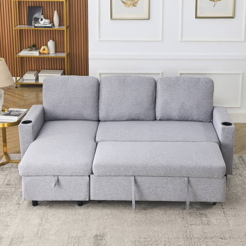 78.5" Linen Convertible Sofa Bed with Storage Ottoman