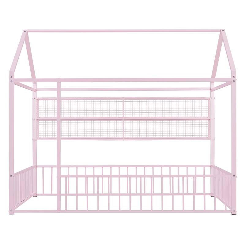 Full Size Metal House Bed Frame with Built-In Grid Shelves, Playful Canopy Design and Space-Saving Storage