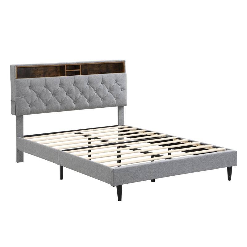 Queen Size Upholstered Platform Bed Frame Button Tufted Linen Headboard USB Ports Charging Station Light Grey
