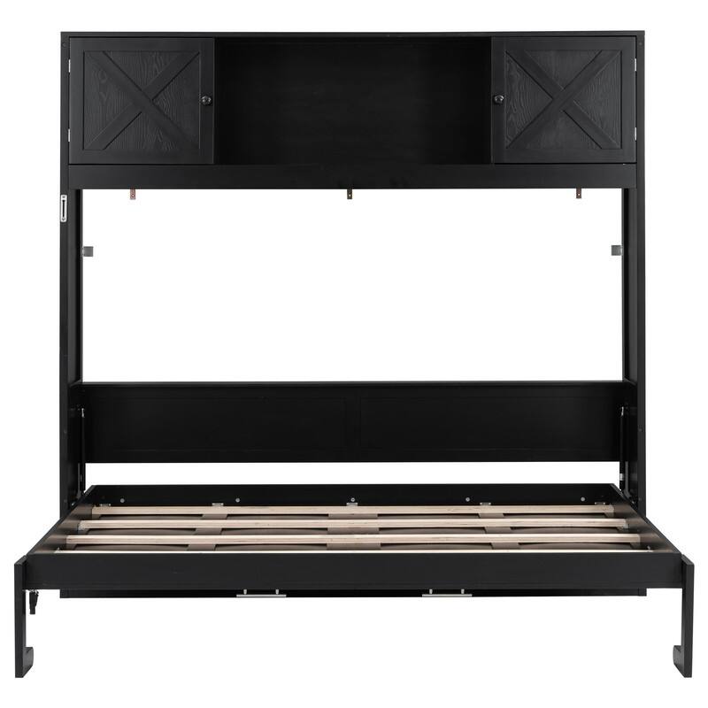 Full Size Murphy Bed with Storage Cabinets, Modern Design Folding Bookcase Bed Frame with Open Shelf