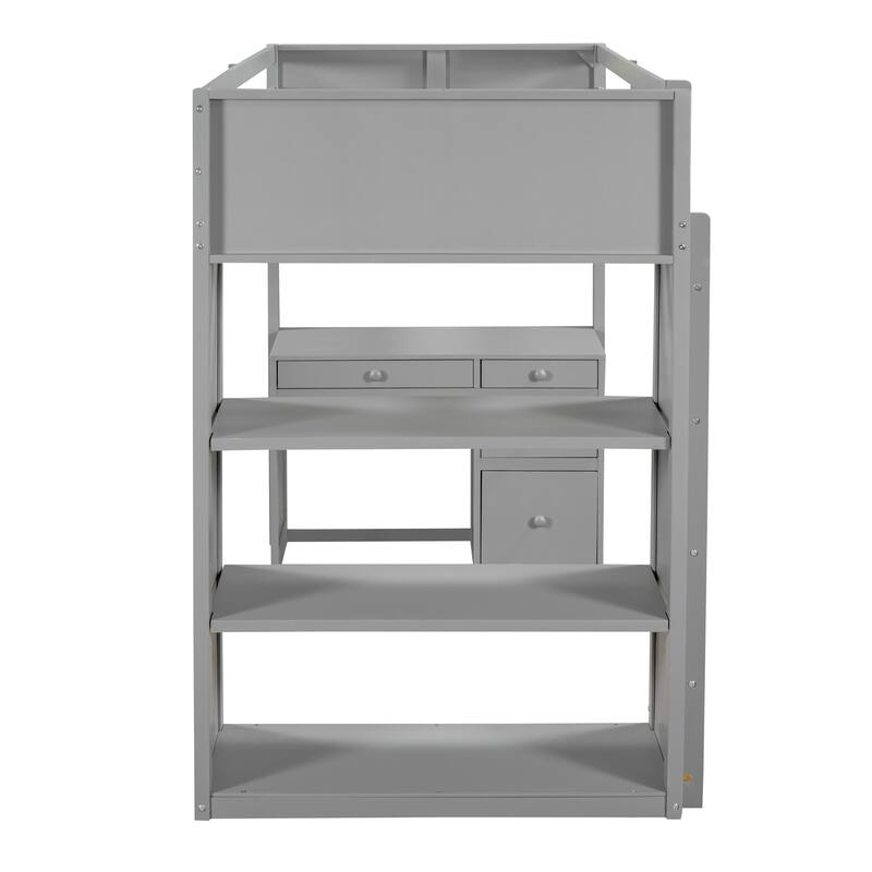Twin Size Loft Bed with Ladder, Shelves, Solid Wood Loft Bed Frame with 4-Drawers Desk, Box Spring No Required