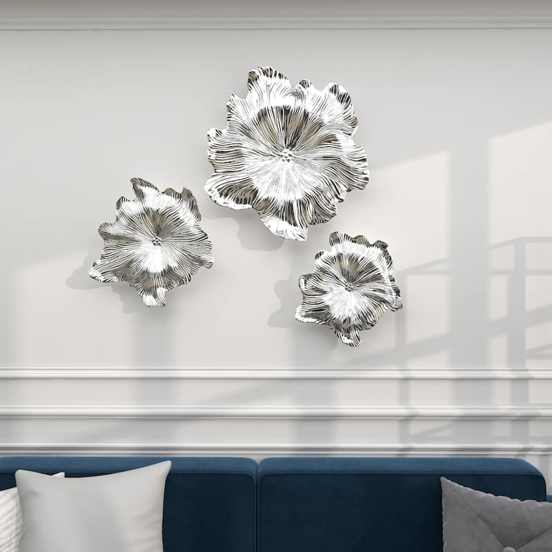 Silver Polystone 3D Floral Home Wall Decor (Set of 3)
