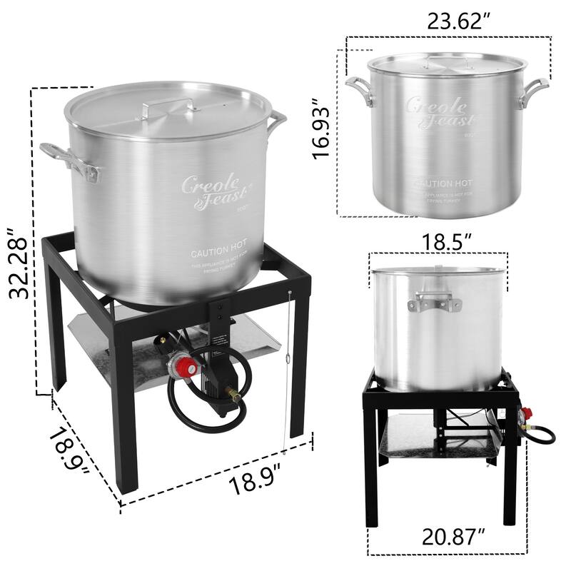 Creole Feast SBK0601,60 QT Seafood Boiling Kit with Strainer, Aluminum Gas Boiler with 10 PSI Regulator,Black&Sliver