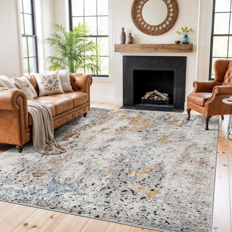 Muted Multi-Tonal Abstract Area Rug - Rug for Living Room, Bedroom - Easy to Clean, Polypropylene/Polyester with Jute Backing - 7' 10" x 10'