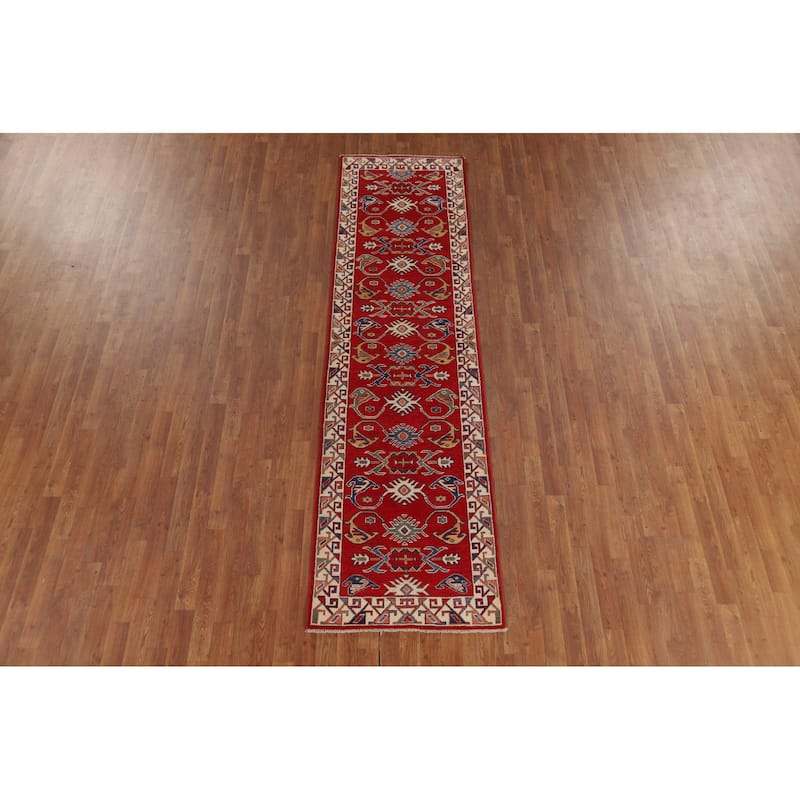 Red Geometric Kazak Oriental Runner Rug Handmade Wool Carpet - 2'7" x 9'8"