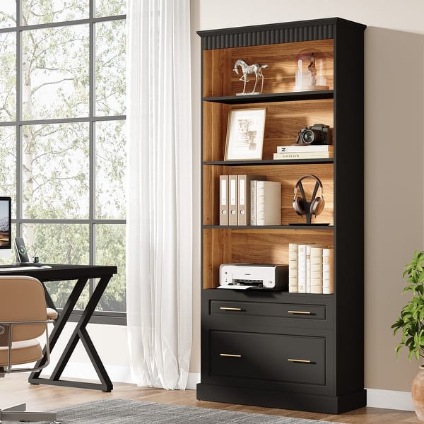 slide 2 of 24, 5-tier Tall Modern Wood Bookcase Bookshelf with File Cabinet Drawer Black and Oak-1 PC